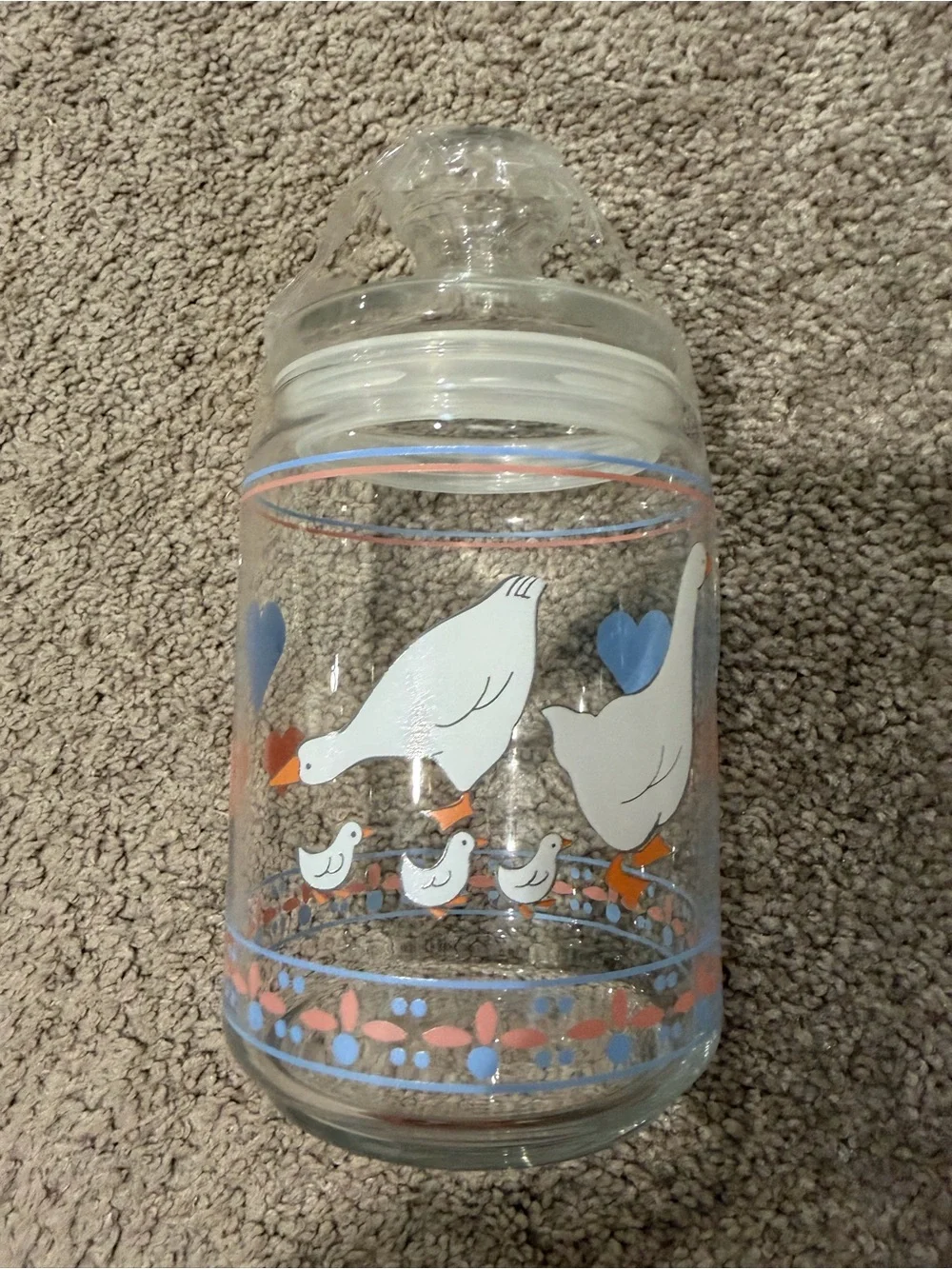 Vintage White Goose Glass Canister with Blue and Pink Accents